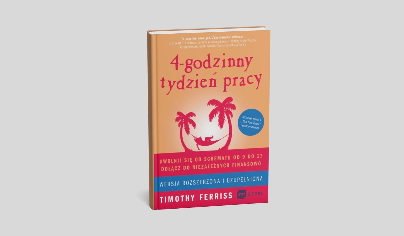 Okładka książki „Czterogodzinny tydzień pracy” Timothy’ego Ferrissa o produktywności, automatyzacji pracy i projektowaniu stylu życia