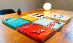 Książki biznesowe rozłożone na drewnianym biurku, w tym Sprint, Traction i Enchantment, obok lampki i kaktusa.