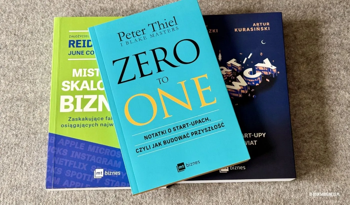 Okładki książek biznesowych dla startupowców: Startupowcy Kurasińskiego i Domaradzkiego, Zero to One Petera Thiela oraz Mistrzowie skalowania biznesu Reida Hoffmana